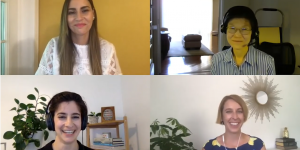 Screenshot of virtual discussion between iSchool's Dr. Jen Golbeck, Dr. Amanda Lazar and Dr. Galina Madjaroff Reitz, and UMSON's Dr. Eun-Shim Nahm.
