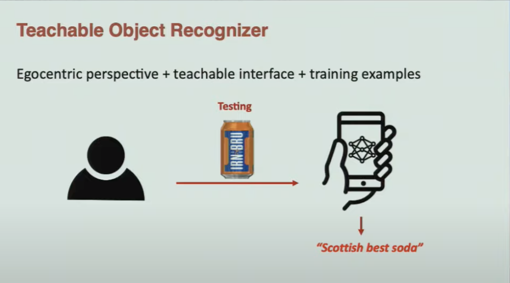 Egocentric perspective plus teachable interface plus training examples. Figure representing the egocentric perspective can provide teachable interface with training examples like the soda can shown, and recognizer can identify it as "Scottish best soda"